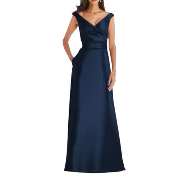 Alfred Sung Off The Shoulder Satin Navy Maxi Gown New Retails $239 - Picture 8 of 10
